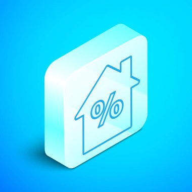 Mavi arka planda izole edilmiş indirimli etiket simgesine sahip Isometric Line House. Evin yüzdesi tabela fiyatı. Emlak evi. Gümüş kare düğme. Vektör İllüstrasyonu
