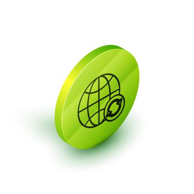 Isometric Line Planet Earth ve beyaz arka planda izole edilmiş bir geri dönüşüm ikonu. Çevresel konsept. Yeşil daire düğmesi. Vektör İllüstrasyonu