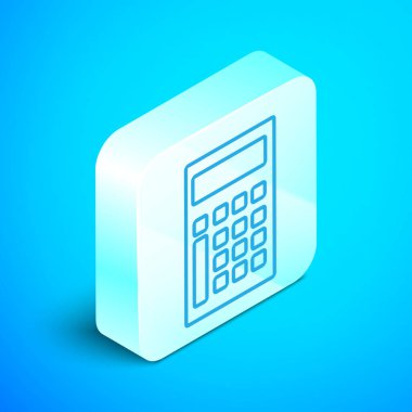 Mavi arka planda yalıtılmış izometrik çizgi Hesap makinesi simgesi. Muhasebe sembolü. İş hesaplamaları matematik eğitim ve finans. Gümüş kare düğme. Vektör İllüstrasyonu
