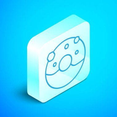 Mavi arka plan üzerinde izole tatlı sır simgesi ile izometrik çizgi Donut. Gümüş kare düğme. Vektör İllüstrasyonu