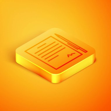 Turuncu arka planda izole edilmiş kalem simgesi içeren Isometric satır sözleşmesi. Dosya simgesi. Kontrol listesi simgesi. İş konsepti. Turuncu kare düğme. Vektör İllüstrasyonu