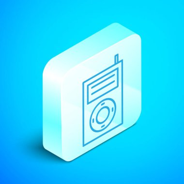 Isometric line Music Mp3 player simgesi mavi arkaplanda izole edildi. Taşınabilir müzik cihazı. Gümüş kare düğme. Vektör İllüstrasyonu