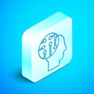 İnsan beyni, dijital devre kartı simgesi olarak mavi arkaplanda izole edilmiş. İçinde devre çizgileri olan insan kafası. Gümüş kare düğme. Vektör İllüstrasyonu