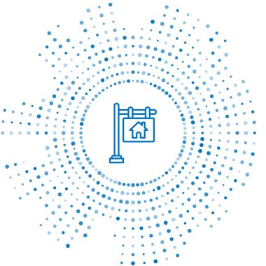 Beyaz arkaplanda izole edilmiş metin satışı simgesi olan mavi çizgi asma işareti. Mesaj indirimli tabela. Soyut çember rastgele noktalar. Vektör İllüstrasyonu