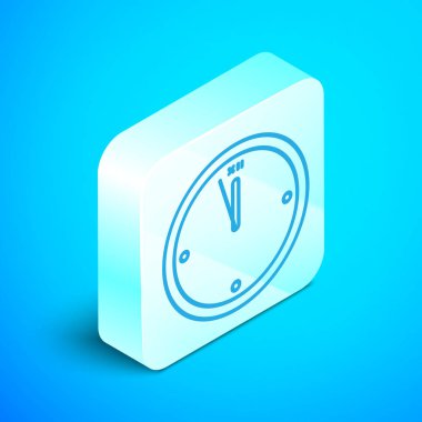 Isometric çizgi saat simgesi mavi arkaplanda izole edildi. Zaman sembolü. Mutlu Noeller ve mutlu yıllar. Gümüş kare düğme. Vektör İllüstrasyonu