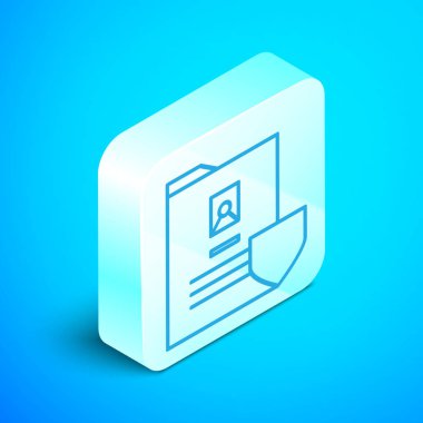 Mavi arkaplanda izole edilmiş kalkan simgesine sahip Isometric satır belgesi. Sigorta konsepti. Güvenlik, güvenlik, koruma, konsept koruma. Gümüş kare düğme. Vektör İllüstrasyonu