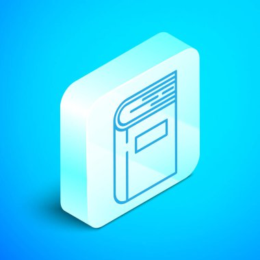 Isometric satır Kitap simgesi mavi arkaplanda izole. Gümüş kare düğme. Vektör İllüstrasyonu