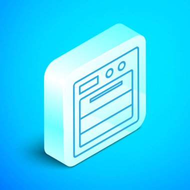 Isometric line fırın simgesi mavi arkaplanda izole edildi. Fırın tabelası. Gümüş kare düğme. Vektör İllüstrasyonu