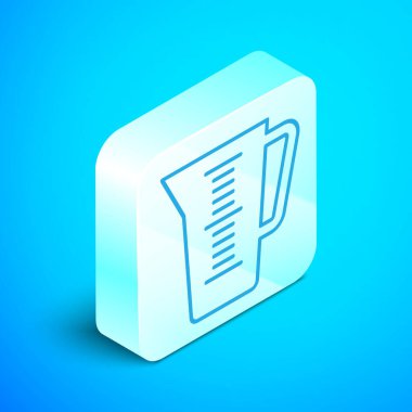 Kuru ve sıvı yiyecek ikonunu ölçmek için mavi arkaplanda izole edilmiş bir kabın ölçüsü. Plastik şişenin sapı var. Gümüş kare düğme. Vektör İllüstrasyonu