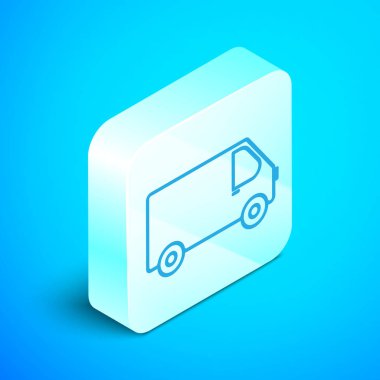 Isome hattı kargo kamyonu ikonu mavi arka planda izole edildi. Gümüş kare düğme. Vektör İllüstrasyonu