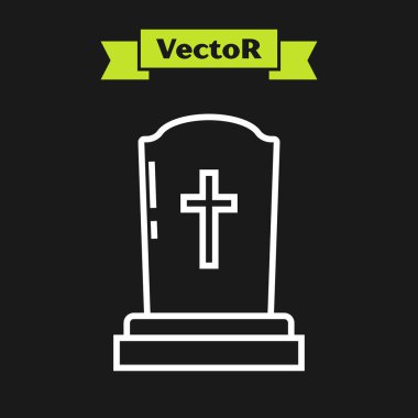 Siyah arka planda çapraz simgesi olan beyaz çizgi Tombstone. Mezar ikonu. Vektör İllüstrasyonu