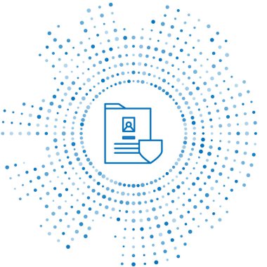 Beyaz zemin üzerinde kalkan simgesi olan mavi çizgi belgesi. Sigorta konsepti. Güvenlik, güvenlik, koruma, konsept koruma. Soyut çember rastgele noktalar. Vektör İllüstrasyonu