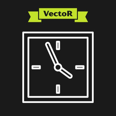 Beyaz çizgi Saat simgesi siyah arka planda yalıtılmış. Zaman sembolü. Vektör İllüstrasyonu