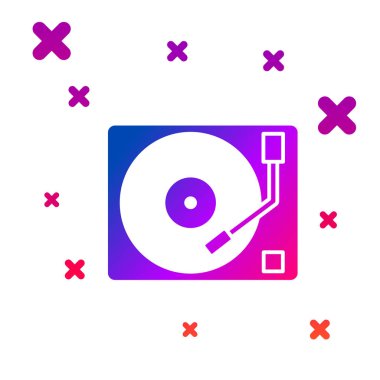 Beyaz arkaplanda izole edilmiş vinil disk simgesine sahip renkli vinil oynatıcı. Kademeli rastgele dinamik şekiller. Vektör İllüstrasyonu