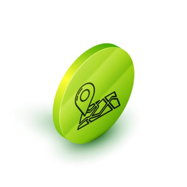 Beyaz arkaplanda izole edilmiş konum imleci simgesiyle Isometric satır katlanır harita. Yeşil daire düğmesi. Vektör İllüstrasyonu