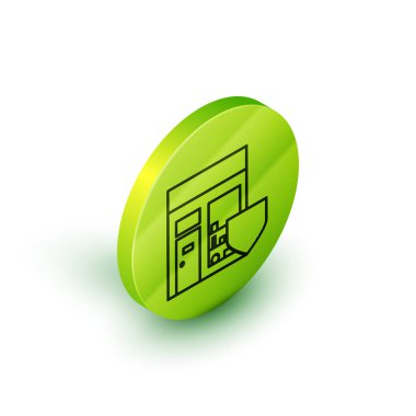 Beyaz arka planda kalkan simgesi olan Isometric Hat Alışveriş Binası. Sigorta konsepti. Güvenlik, güvenlik, koruma, konsept koruma. Yeşil daire düğmesi. Vektör İllüstrasyonu