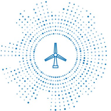Mavi çizgi rüzgar türbini simgesi beyaz arkaplanda izole edildi. Rüzgar jeneratörü işareti. Yel değirmeni silueti. Elektrik üretimi için yel değirmeni. Soyut çember rastgele noktalar. Vektör İllüstrasyonu