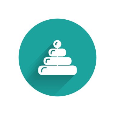 Beyaz Piramit oyuncak ikonu uzun gölgeli izole edilmiş. Yeşil daire düğmesi. Vektör İllüstrasyonu