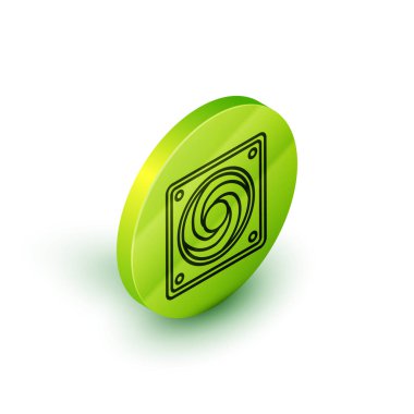 Isometric line Bilgisayar soğutucu simgesi beyaz arkaplanda izole edildi. Bilgisayar donanım fanı. Yeşil daire düğmesi. Vektör İllüstrasyonu