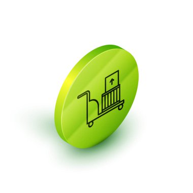 Isometric hattı elektrikli el arabası ve beyaz arka planda izole edilmiş kutu simgesi. Dolly sembolü. Yeşil daire düğmesi. Vektör İllüstrasyonu