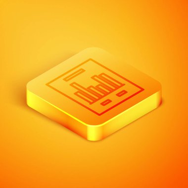 Turuncu arka planda yalıtılmış grafik grafik simgesine sahip İzometrik çizgi Belge. Metin dosyası simgesini bildirin. Muhasebe işareti. Denetim, analiz, planlama. Turuncu kare düğme. Vektör İllüstrasyonu