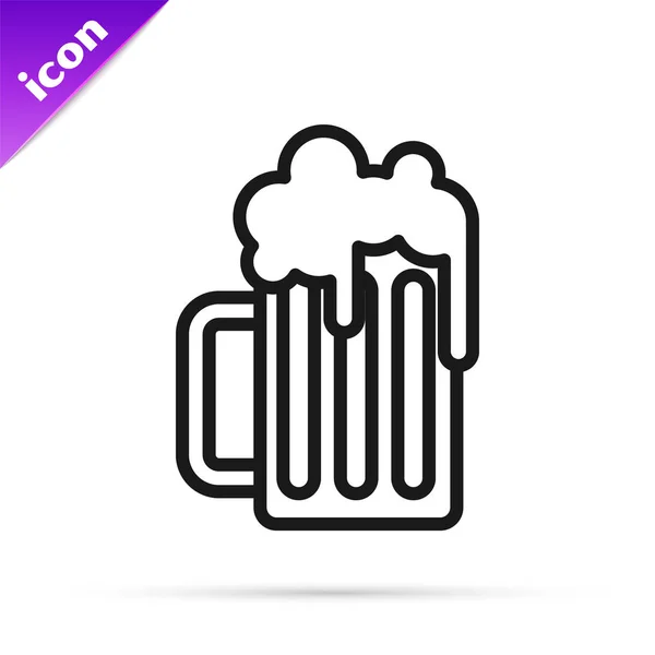 Línea negra Icono de taza de cerveza de madera aislado sobre fondo blanco. Ilustración vectorial — Vector de stock