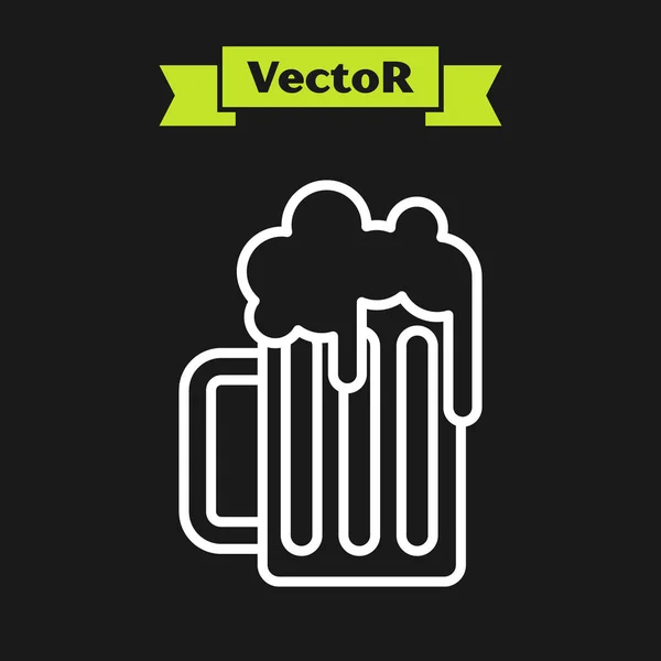 Weiße Linie hölzerne Bierkrug Symbol isoliert auf schwarzem Hintergrund. Vektorillustration — Stockvektor