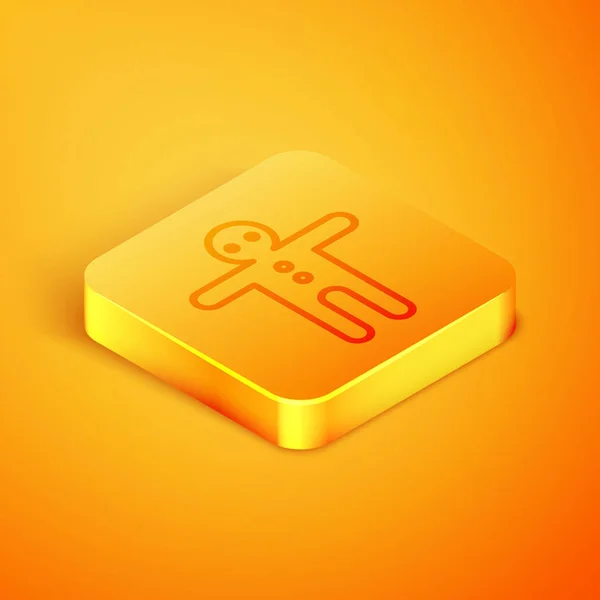 Isometric line Holiday gingerbread man cookie icon isolated on orange background. Cookie in shape of man with icing. Orange square button. Vector Illustration — ストックベクタ