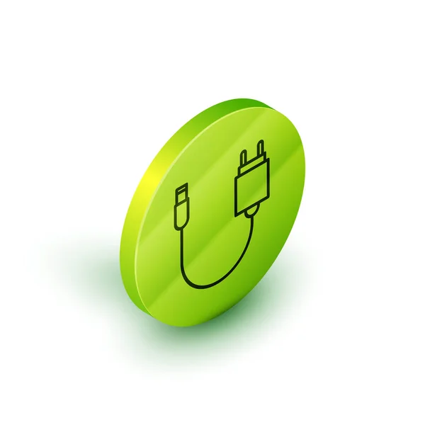 Isometrisk linje laddare ikon isolerad på vit bakgrund. Grön cirkel knapp. Vektor Illustration — Stock vektor