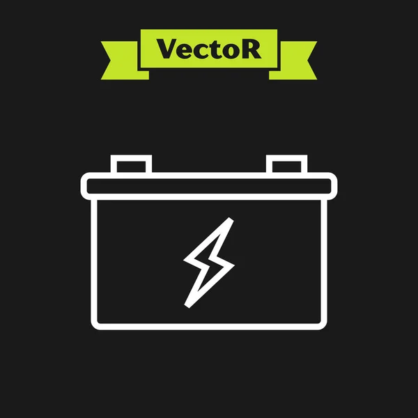 Weiße Linie Autobatterie Symbol isoliert auf schwarzem Hintergrund. Akkumulatorbatterie und Akkumulatorbatterie. Vektorillustration — Stockvektor