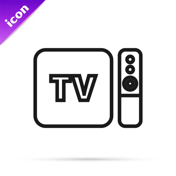 Zwarte lijn Multimedia en TV box ontvanger en speler met afstandsbediening pictogram geïsoleerd op witte achtergrond. Vector Illustratie — Stockvector