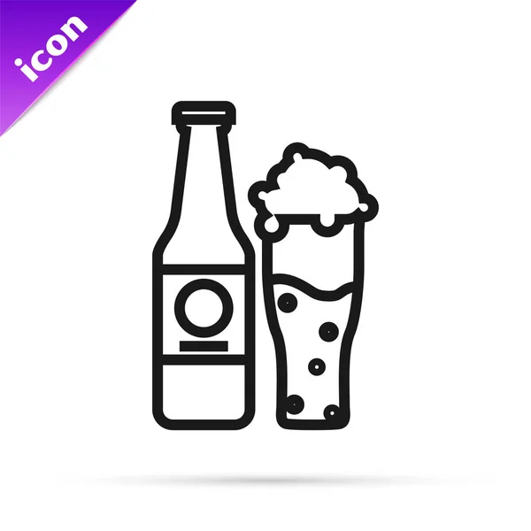 Black line Beer bottle and glass icon isolated on white background. Alcohol Drink symbol. Vector Illustration — Stock Vector