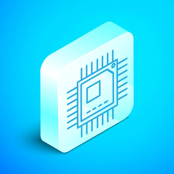 Isometrische Zeile Computerprozessor mit Mikroschaltungen CPU-Symbol isoliert auf blauem Hintergrund. Chip oder CPU mit Platinenschild. Mikroprozessor. Silberner quadratischer Knopf. Vektorillustration — Stockvektor