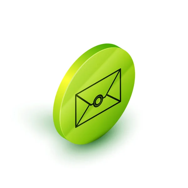 アイソメ線エンベロープアイコンは、白い背景に分離されています。電子メール メッセージレター記号。緑色の円ボタン。ベクトルイラストレーション — ストックベクタ