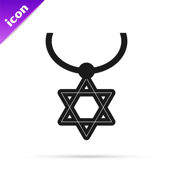 Collar Star of David de línea negra en el icono de la cadena aislado sobre fondo blanco. Símbolo religioso judío. Símbolo de Israel. Joyería y accesorio. Ilustración vectorial — Vector de stock