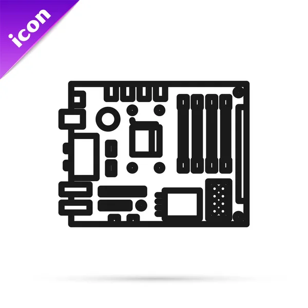 Black line Electronic computer components motherboard digital chip integrated science icon isolated on white background. Circuit board. Vector Illustration — Stock Vector