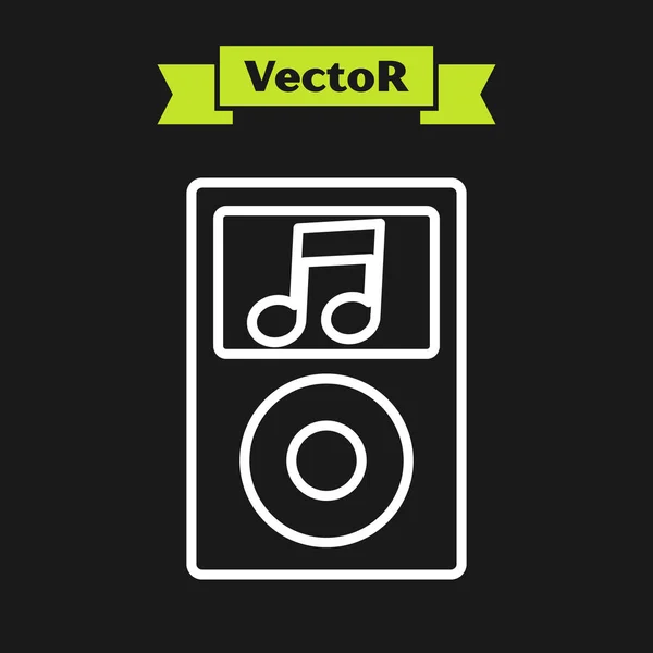 Línea blanca Icono del reproductor de música aislado sobre fondo negro. Dispositivo de música portátil. Ilustración vectorial — Vector de stock