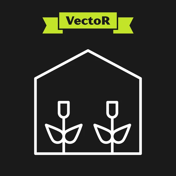 Weiße Linie zu Hause Gewächshaus und Pflanzen Symbol isoliert auf schwarzem Hintergrund. Vektorillustration — Stockvektor