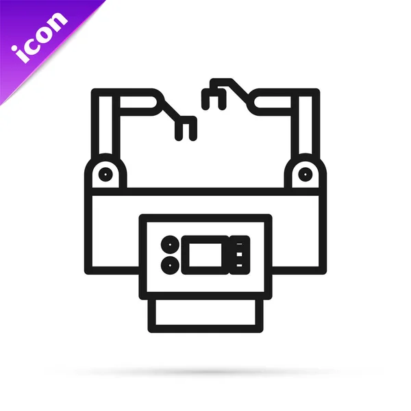 Linha preta Ícone de linha de montagem isolado no fundo branco. Transportador de produção automática. Conceito da indústria robótica. Ilustração vetorial — Vetor de Stock