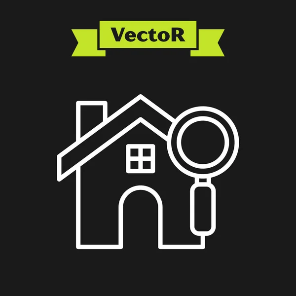 Weiße Linie Suche Haussymbol isoliert auf schwarzem Hintergrund. Immobilien-Symbol eines Hauses unter der Lupe. Vektorillustration — Stockvektor