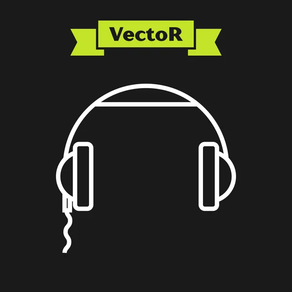 Icono de auriculares de línea blanca aislado sobre fondo negro. Signo de auriculares. Concepto para escuchar música, servicio, comunicación y operador. Ilustración vectorial — Vector de stock