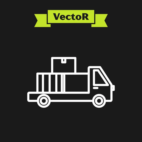 Línea blanca Camión de reparto con cajas de cartón detrás de icono aislado sobre fondo negro. Ilustración vectorial — Vector de stock