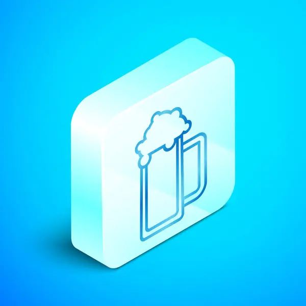 Línea isométrica Icono de vaso de cerveza aislado sobre fondo azul. Botón cuadrado plateado. Ilustración vectorial — Archivo Imágenes Vectoriales