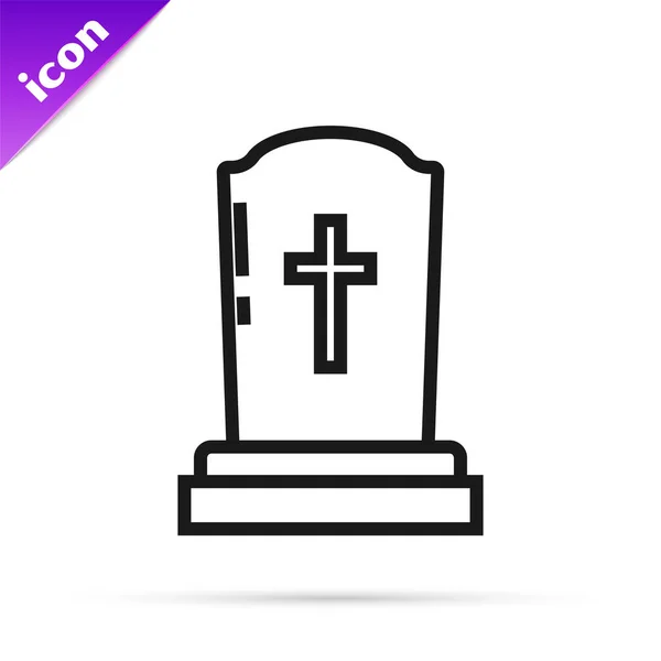 Svart linje Tombstone med kors ikon isolerad på vit bakgrund. Gravikon. Vektor Illustration — Stock vektor