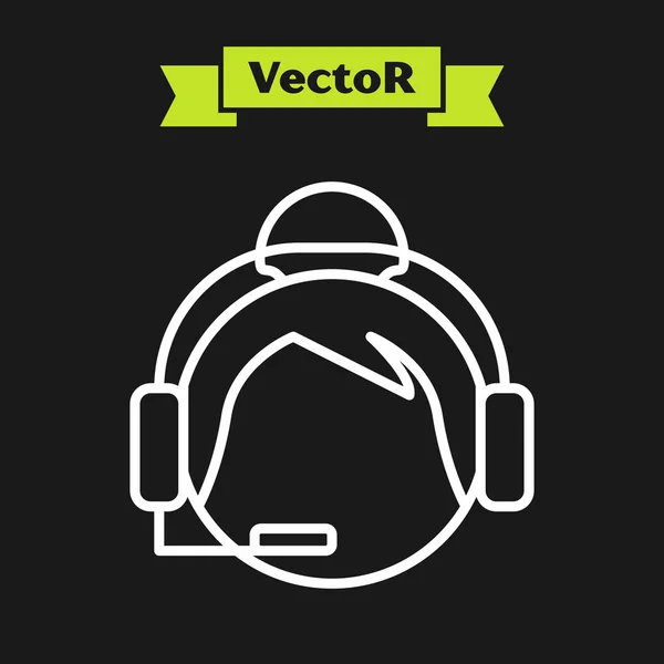 Línea blanca Mujer con un icono de auricular aislado sobre fondo negro. Operador de soporte en contacto. Concepto para call center, servicio de atención al cliente. Ilustración vectorial — Vector de stock