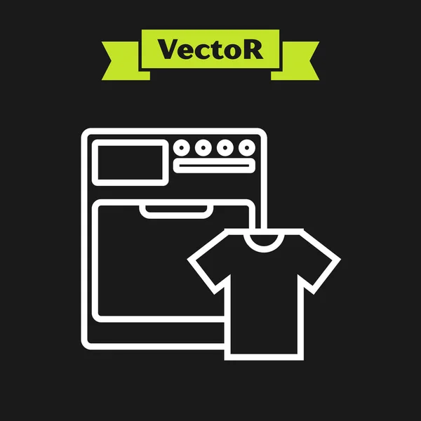 Weiße Linienwaschmaschine und T-Shirt-Symbol isoliert auf schwarzem Hintergrund. Waschmaschinensymbol. Waschmaschine - Waschmaschine. Haushaltsgerätesymbol. Vektorillustration — Stockvektor