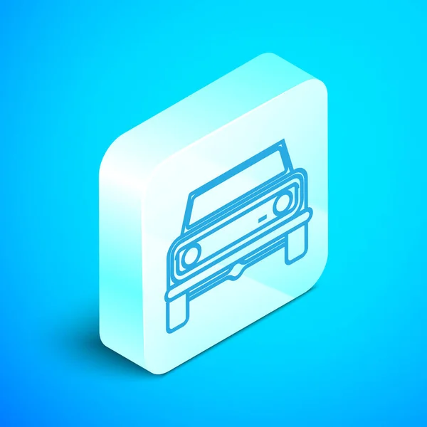 Ισομετρική γραμμή Εκτός δρόμου αυτοκίνητο εικονίδιο απομονώνονται σε μπλε φόντο. Σημάδι τζιπ. Ασημένιο τετράγωνο κουμπί. Εικονογράφηση διανύσματος — Διανυσματικό Αρχείο