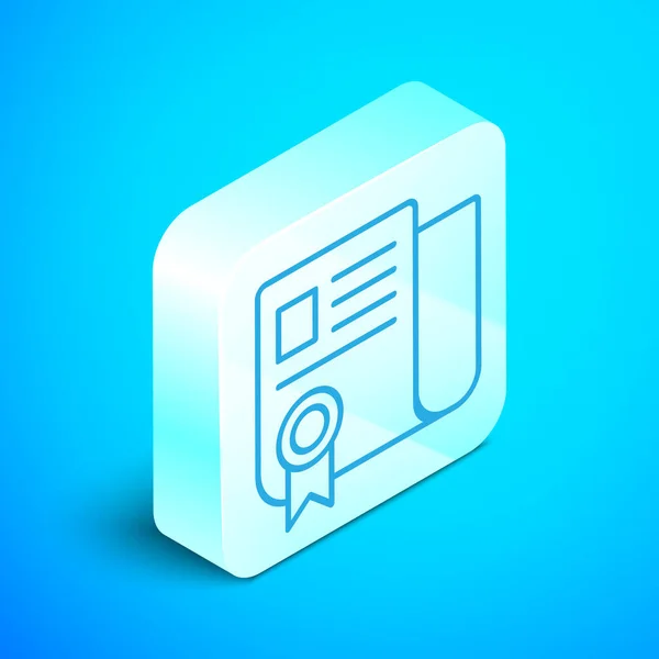 Isometric line Certificate template icon isolated on blue background. Prestasi, penghargaan, gelar, hibah, diploma. Sertifikat sukses bisnis. Tombol persegi perak. Ilustrasi Vektor - Stok Vektor