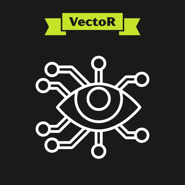 Weiße Linie Augenscansymbol isoliert auf schwarzem Hintergrund. Augen abtasten. Sicherheitsüberprüfungssymbol. Cyber-Augenzeichen. Vektorillustration — Stockvektor