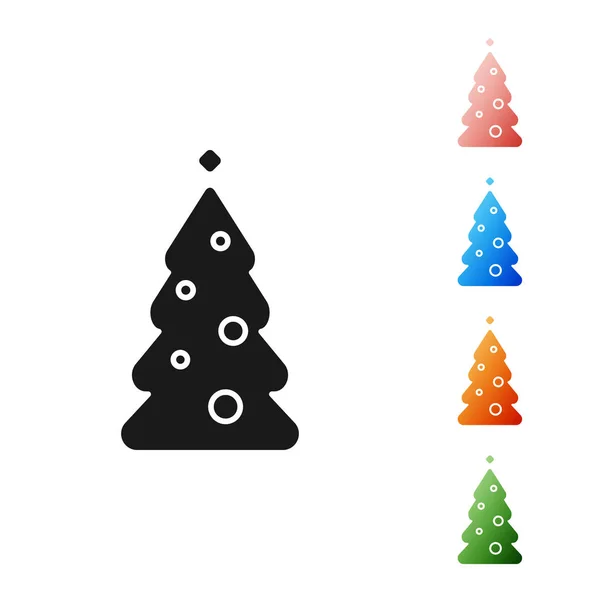 Schwarzer Weihnachtsbaum mit Dekorationssymbol isoliert auf weißem Hintergrund. Frohe Weihnachten und ein gutes neues Jahr. setzen Symbole bunt. Vektorillustration — Stockvektor